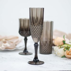 6-Pack Transparent Plastic Champagne Glasses 8oz, Crystal Cut Style Black - Shatterproof Wedding Toast Flutes